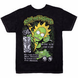 Rick and Morty premium black mineral wash cotton tee. Bright neon green graphic of Rick is surrounded by atmospheric comic book elements. Reads "Rick and Morty" in intense metal-style font and in a gothic font it reads "To live is to risk it all" & "Oh, it gets darker Morty, Welcome to the darkest year of our adventures."