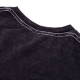 Close up of mineral dye and white contrast stitching. 
