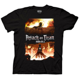 Black graphic tee featuring back view of protagonist Eren Yeager standing defiantly with swords drawn, facing the Colossal Titan looming over Wall Maria aflame. The title "Attack on Titan" is displayed prominently in the center of the graphic with a gritty, war-torn aesthetic.