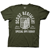 Olive green t-shirt featuring a distressed white design from Attack on Titan. The center showcases the Scout Regiment (Survey Corps) emblem — overlapping white and dark wings inside a shield. Surrounding the emblem are the words "SCOUT REGIMENT" curved above, "進撃の巨人" (Shingeki no Kyojin) in Japanese, "Human Expansion" on the left, "Titan Research" on the right, and "SPECIAL OPS SQUAD" in bold letters at the bottom. The design has a vintage, military-style look. 