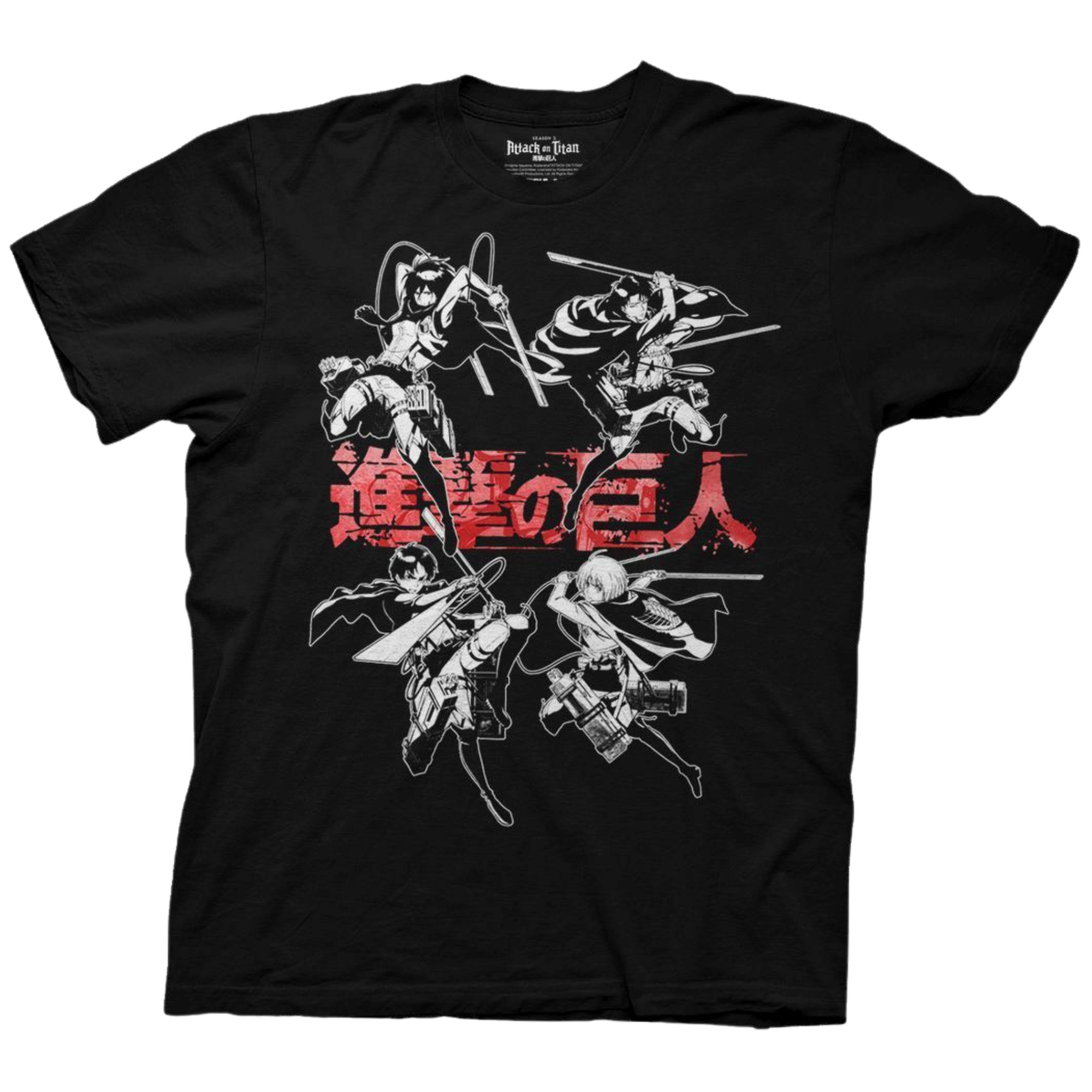 Black t-shirt featuring dynamic white-outlined illustrations of four characters from Attack on Titan in mid-action poses, equipped with vertical maneuvering gear and swords. The background showcases bold red Japanese text reading "進撃の巨人" (Shingeki no Kyojin, the Japanese title of Attack on Titan), splattered in a grunge style. Characters: Top left – Mikasa Ackerman, Top right – Levi Ackerman, Bottom left: Eren Yeager, and bottom right: Armin Arlert.