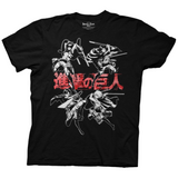 Black t-shirt featuring dynamic white-outlined illustrations of four characters from Attack on Titan in mid-action poses, equipped with vertical maneuvering gear and swords. The background showcases bold red Japanese text reading "進撃の巨人" (Shingeki no Kyojin, the Japanese title of Attack on Titan), splattered in a grunge style. Characters: Top left – Mikasa Ackerman, Top right – Levi Ackerman, Bottom left: Eren Yeager, and bottom right: Armin Arlert.