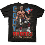 The back features a large, colorful graphic of Cody Rhodes posing in the ring, with his name "CODY RHODES" in bold block letters, and an American flag-themed skull logo. The phrase "American Nightmare" appears at the bottom, and there is a gold-colored signature beside the figure.