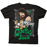 The back showcases a large, vivid illustration of the iconic wrestler Cactus Jack (Mick Foley) in a hardcore pose with a wild expression, backed by barbed wire fencing. Bold text reads "Bang Bang" in puffy white lettering, layered above the green "Cactus Jack" name logo, reinforcing his hardcore wrestling persona.