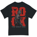 The back features a large, bold red text spelling "ROCK" with an illustrated portrait of Dwayne "The Rock" Johnson overlaid, along with his signature and the phrase "THE GREAT ONE" in gray at the bottom.