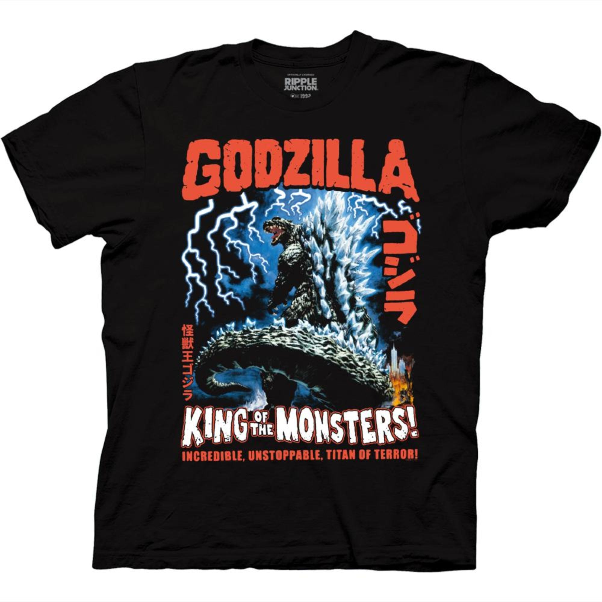 Black t-shirt featuring Godzilla in front of an electric blue storm, surrounded by lightning bolts, with large “GODZILLA – King of the Monsters” text and red Japanese lettering.