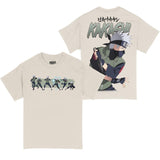 Front and Back of a natural (beige) colored graphic anime t-shirt. Features Kakashi from Naruto in multiple ninja stances on the front, while the back has a close-up image and character name text. 
