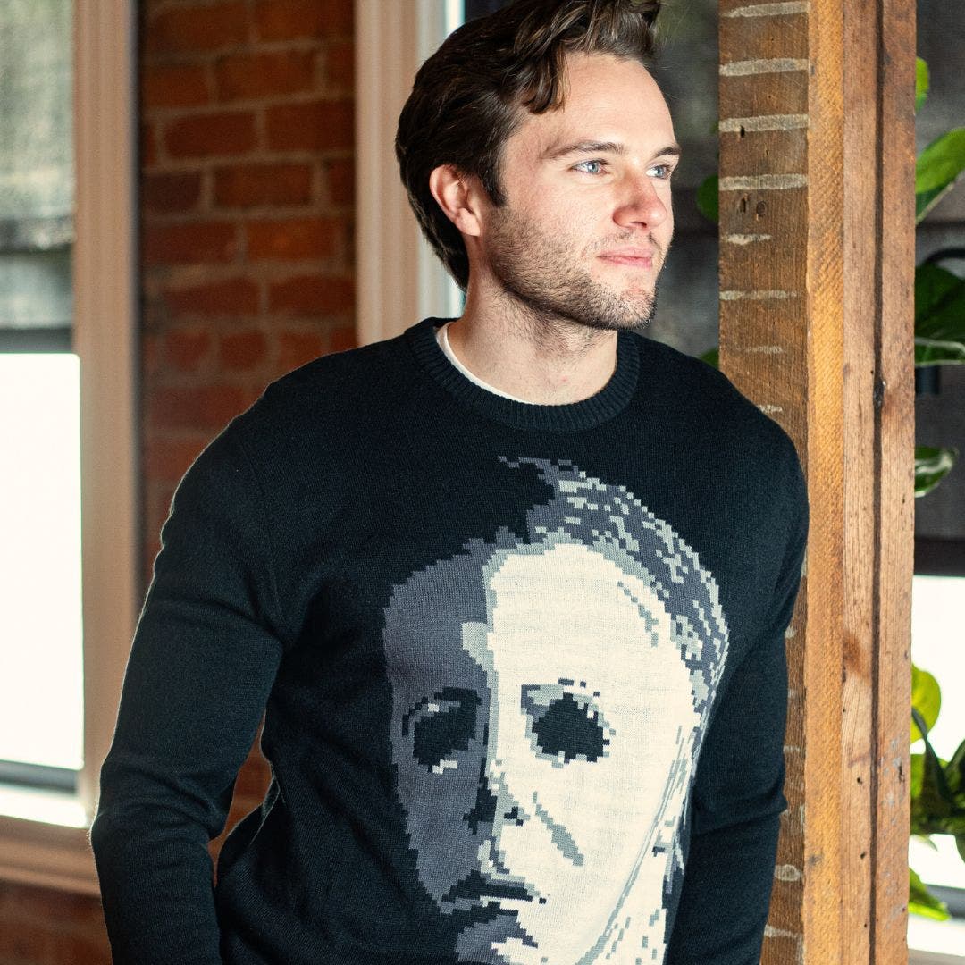 Man Wearing Halloween Michael Myers Sweater
