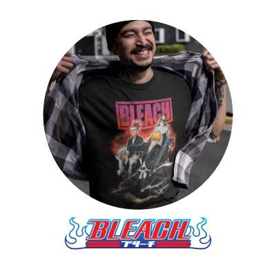 Man wearing Bleach tee with Bleach logo