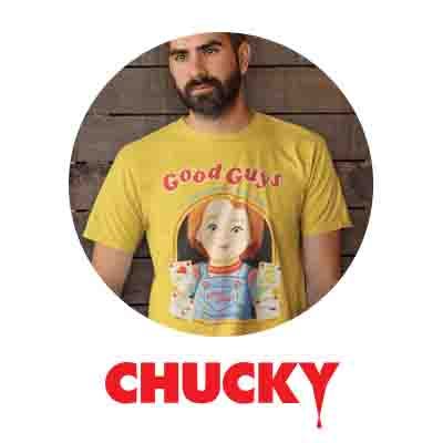 Man wearing yellow Good Guys Chucky Tee