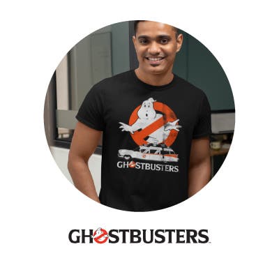 Man wearing Ghostbusters t-shirt with Ghostbusters logo
