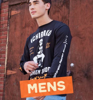 Man with Naruto Ramen Shop Long Sleeve shirt and banner that reads Men