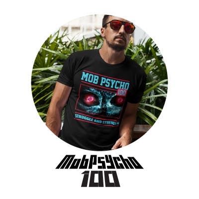 Man wearing Mob Psycho100 tee with Mob Psycho100 logo