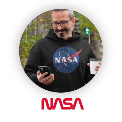 Man wearing NASA hoodie with NASA worm logo
