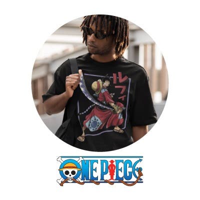 Man wearing black One Piece t-shirt with One Piece Logo