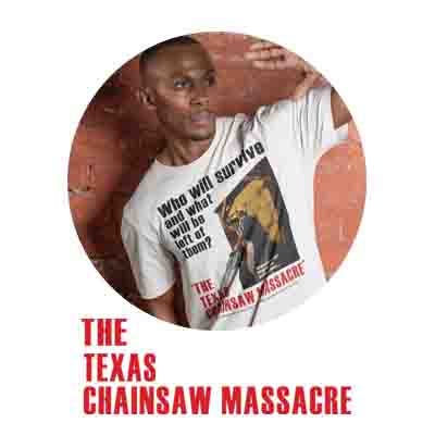 Man wearing white Texas Chainsaw Massacre Shirt