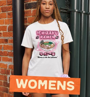 Woman with white  airbrush style Naruto Ichiraku Ramen t-shirt in and banner that reads Women