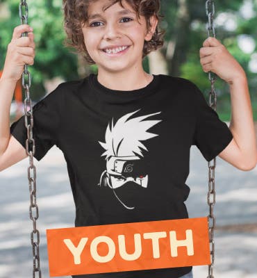 Young boy wearing black shirt featuring Kakashi from Naruto Shippuden with banner that reads Youth
